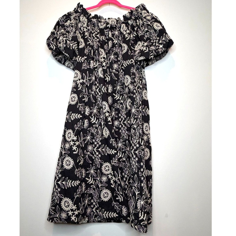 Chepé NWT Black Floral Off Shoulder Dress Italy Boho Romantic Mini Puff Sleeve - Picture 2 of 8